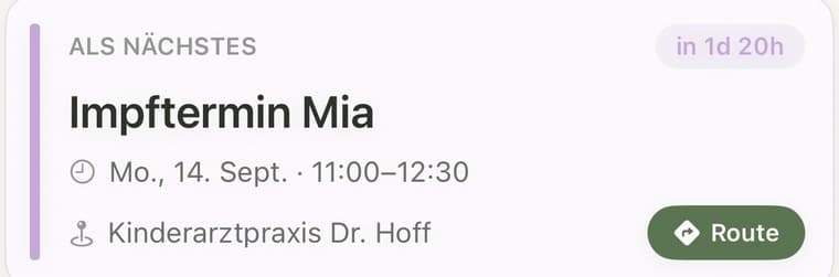 Die Karte „Als Nächstes“ mit dem Impftermin von Mia am Montag um 11 Uhr