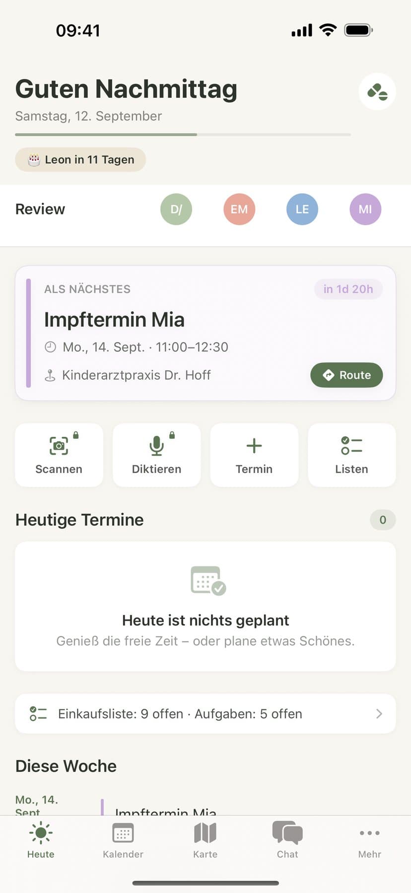 Die Tagesübersicht von Famora auf einem iPhone