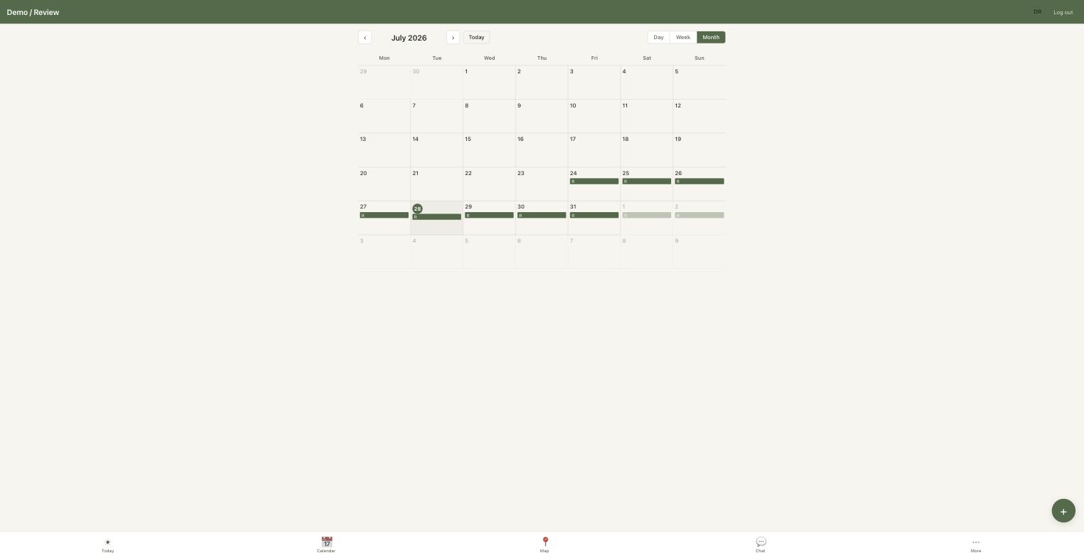 Der Monatskalender mit farblich markierten Familienterminen.